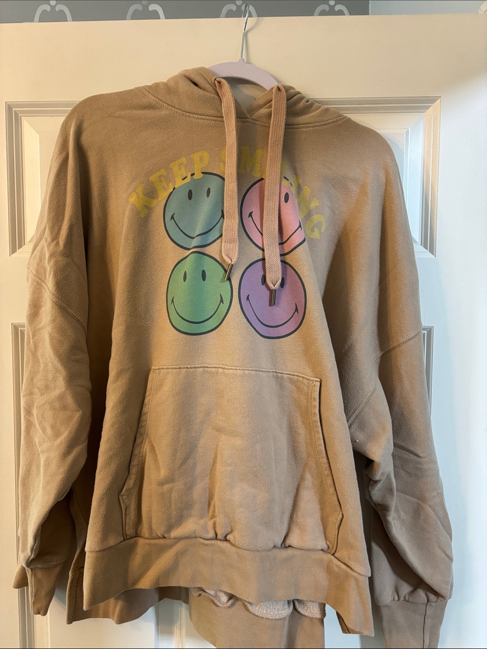 American Eagle Outfitters Tan Hoodie with Multicolor Smiley Faces